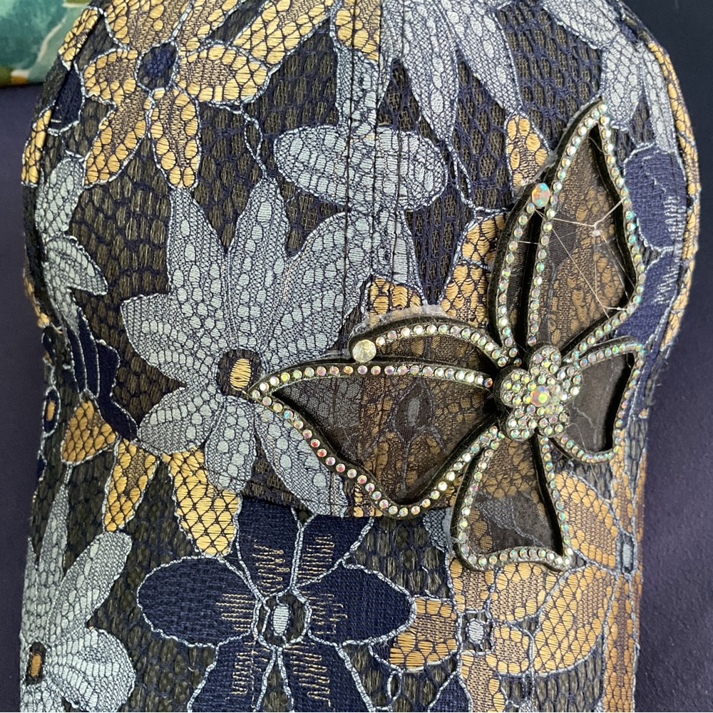 New, Floral& Rhinestone Embellished Cap - Blue and Black - Picture 7 of 9